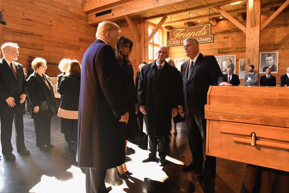 President Donald Trump and first lady Melania Trump, along with Vice President Mike Pence and his wife, Karen, attended the funeral to pay their respects to the Graham family in honor of the man who was often called the "Pastor to Presidents."