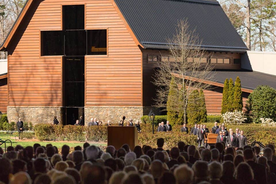 The funeral service began with the family exiting the Billy Graham Library at the foot of the cross. The Library will reopen to the public on Wednesday, March 7.
