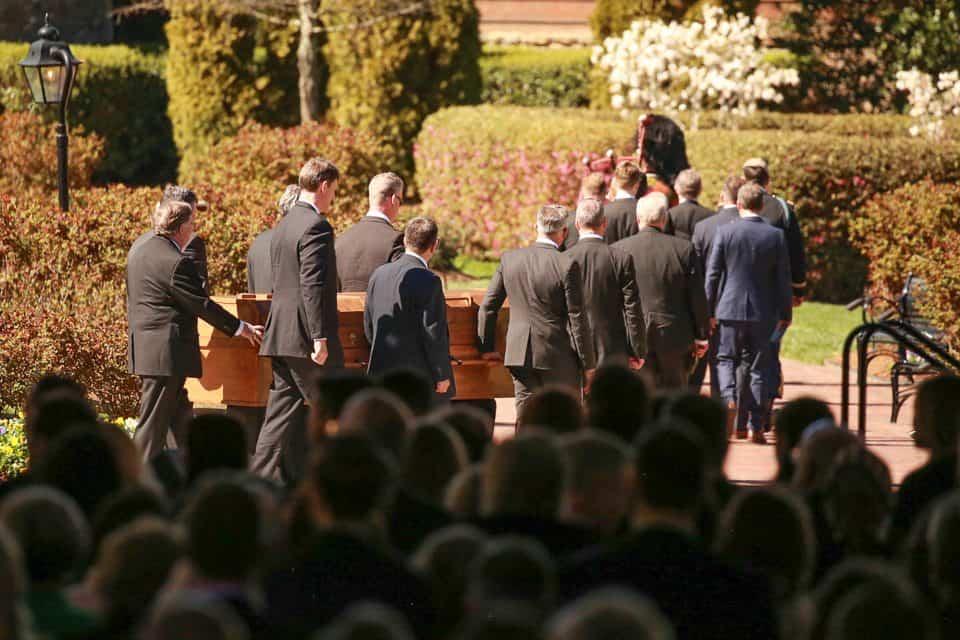 Mr. Graham's 12 grandsons served as pallbearers. They included Anne Graham Lotz's son Jonathan Lotz; Franklin Graham's sons Edward Graham, Roy Graham, Will Graham and son-in-law Corey Lynch; Gigi Graham's sons Antony Tchividjian, Basyle Tchividjian, Stephan Tchividjian and Tullian Tchividjian; Ned Graham's sons Alex Graham and Samuel Graham; and Ruth Graham's son Graham Dienert.