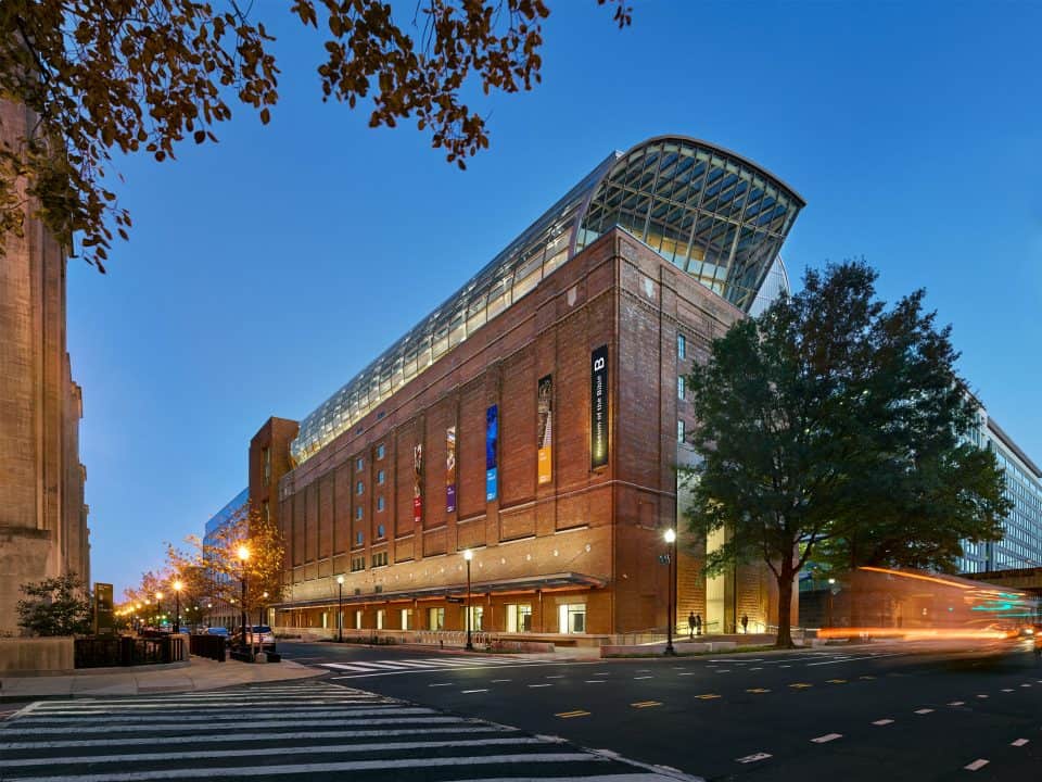 The Museum of the Bible’s front entrance features 40-foot-high bronze gates, containing the first lines from Genesis in Latin.