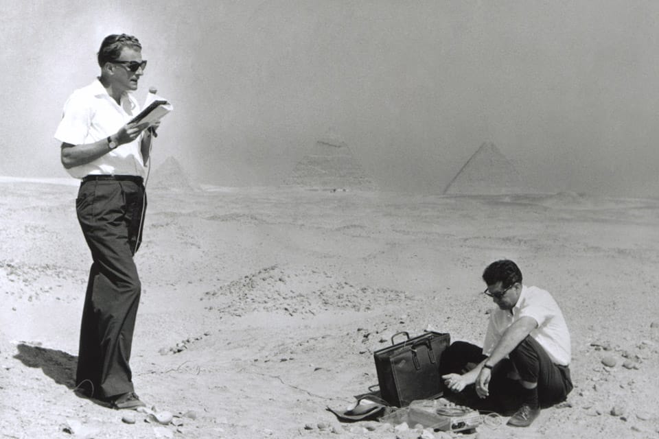 Billy Graham’s radio broadcasts in the 1950s helped launch his ministry, which continues today. In this photo from 1960, Mr. Graham and Cliff Barrows are recording The Hour of Decision radio program at the Egyptian pyramids.