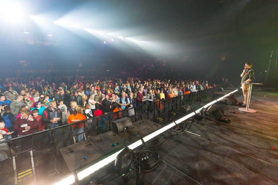 After Will Graham preached a kid-friendly Gospel message, children flooded the front stage area to make decisions for Christ.