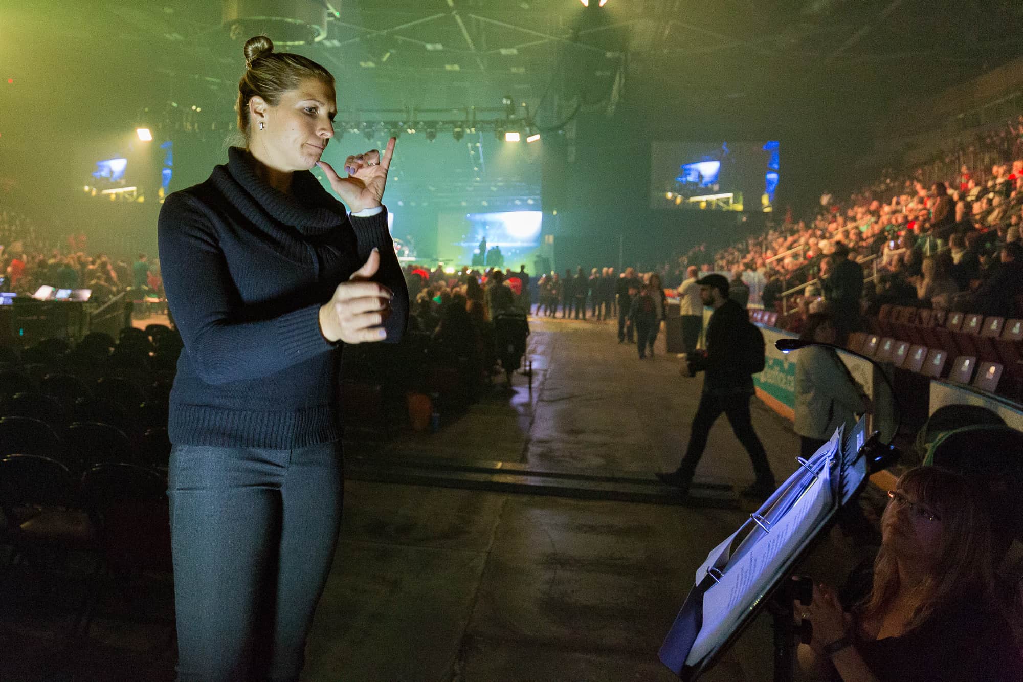 American Sign Language was offered by an interpreter for the hearing-impaired audience. 