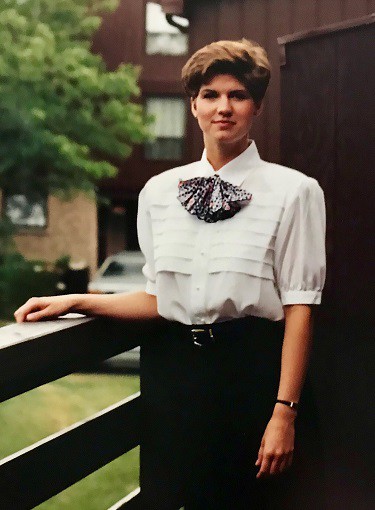 Sarah as an Air Transat flight attendant, where she worked until she had her second child in 1999.