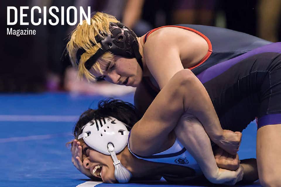 Transgender Mack Beggs wrestles Chelsea Sanchez in the final round of the 6A girls Texas state high school tournament in Cypress, Texas.