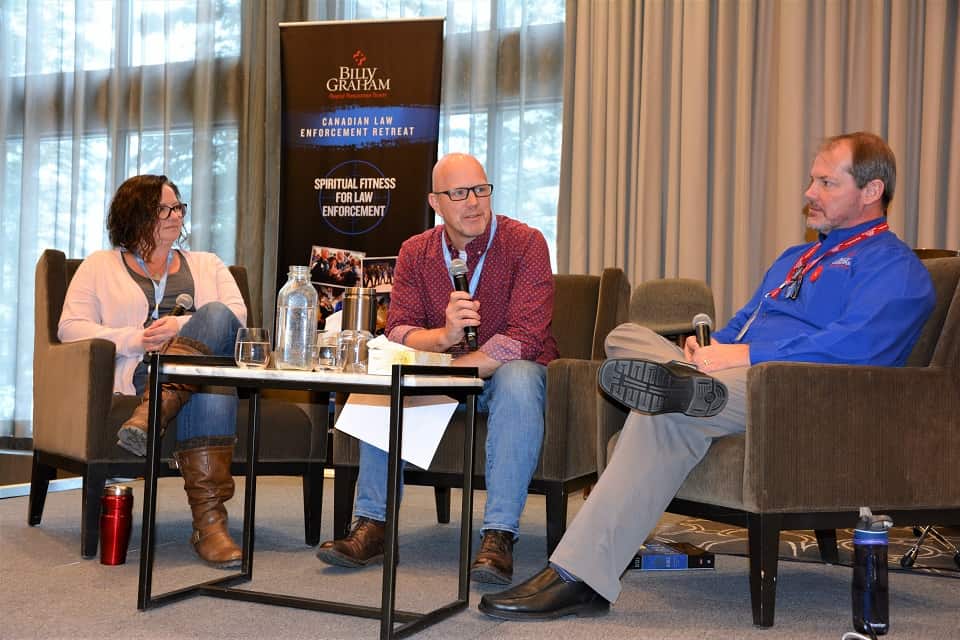 Sharlyn and Steve Harris spoke with host Merle Doherty (right), revealing how Post Traumatic Stress Disorder affected Steve in his role with the Calgary Police Service.