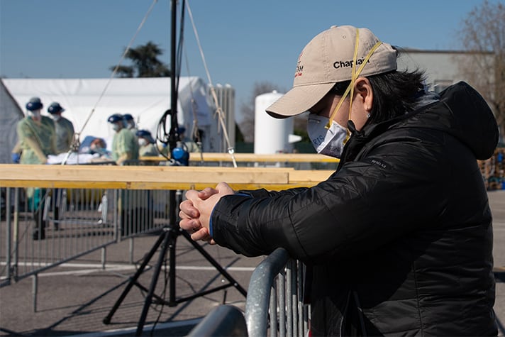 Billy Graham chaplain Damaris Scalzi prays for COVID-19 patients and Samaritan's Purse medical staff while on deployment with her husband, Jason, in Cremona, Italy. (Photo: Kim Rowland)