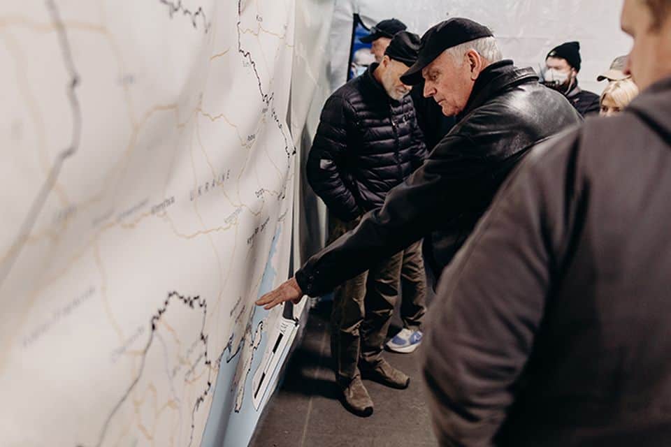 Franklin Graham looks at a map of Ukraine during a visit there in March.