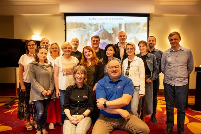 Billy Graham Rapid Response Team chaplains Holly Lafont and Nigel Fawcett-Jones with some of the Polish, Italian, Czech, and Ukraine residents they trained to help people in crisis