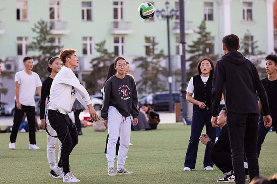 Playing a game in Sükhbaatar Square at the center of Mongolia's capital Ulaanbaatar.