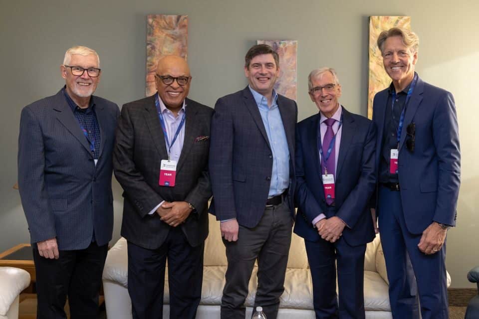  Evangelism Summit speakers gathered for a photo: David Macfarlane (left), Crawford Loritts, Will Graham, Hugh Osgood and Skip Heitzig.