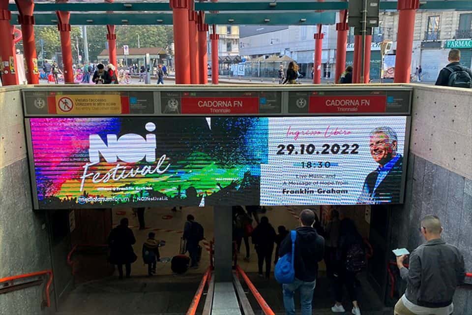 One of the many signs advertising this weekend's Noi Festival with Franklin Graham in Milan, Italy.