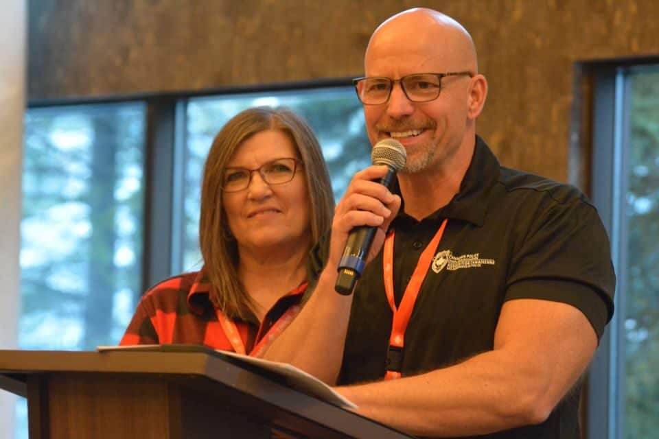 Sheryl and Bruce Ewanyshyn were one of the law enforcement couples speaking at the Canadian Law Enforcement and Appreciation Retreat at Kananaskis Lodge in the Canadian Rockies. “I really key on loyalty,” said Bruce, an officer with the Brandon Police Service. “Even if Sheryl disagrees with something I say in public, she stays silent and talks about it with me after. That’s the way of loyalty.”