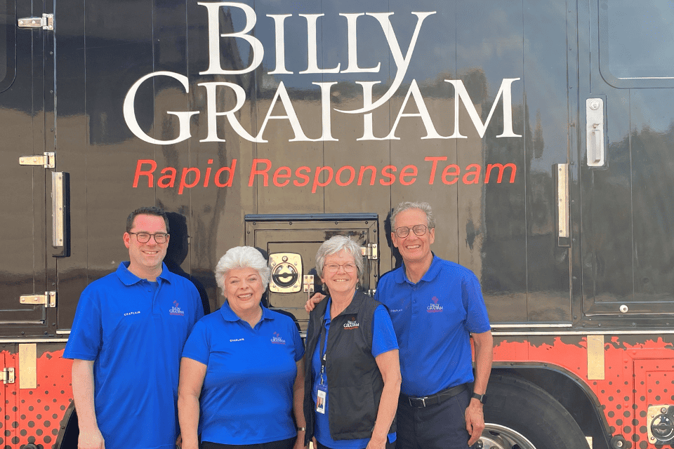 Billy Graham Rapid Response Team chaplains Tim MacKinnon (left), Glenda Schwarz, Wanda Burchert and John Fleck spent a week in Dauphin, Manitoba, ministering to shocked and grieving residents.