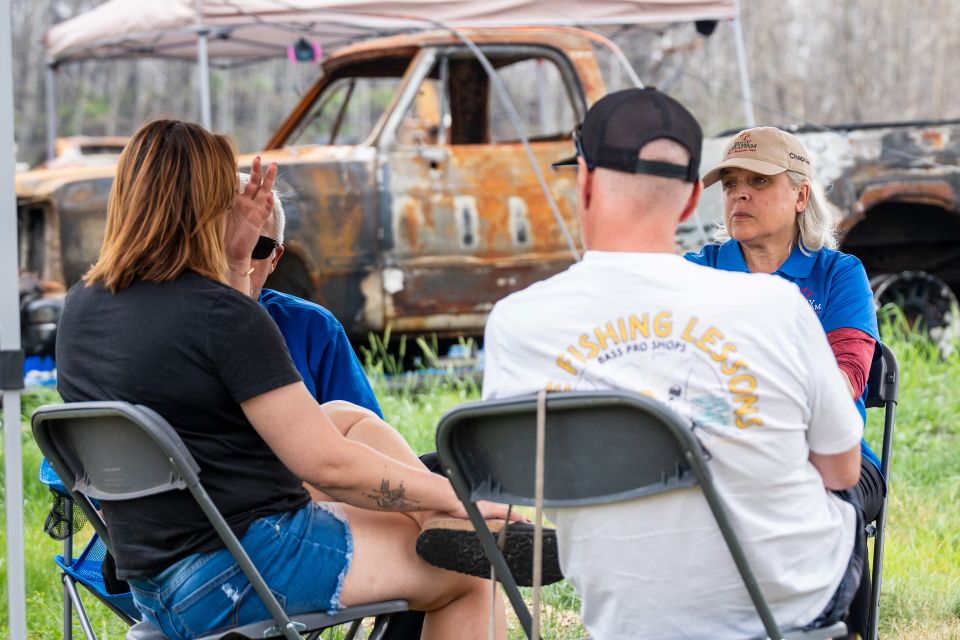 Chaplains have many opportunities to listen and pray with families who are processing the damage done to their homes and communities.)